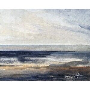 Original Watercolor Seascape Painting Moody Landscape Coastal Beach 8x10 Signed